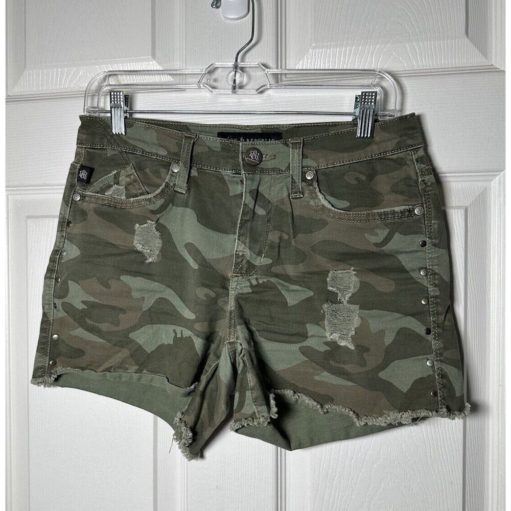Rock & Republic Jean Shorts Womens Size 4 Green‎ Camo Distressed Cut Off Bling